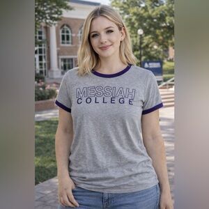 NWT MESSIAH College Gray & Purple Ringer Graphic Tee Shirt Size L Women’s Cut